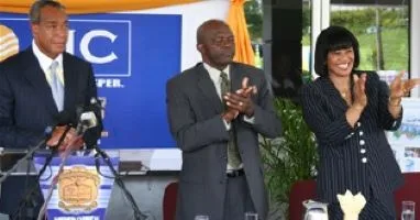 Michael Lee-Chin, NCU President Dr. Herbert Thompson, Prime Minister Hon Portia Simpson Miller nursing school in Jamaica