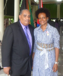 Florida-based former Guyanese diplomat Wesley Kirton with Mrs. Jasmine Thomas-Girvan, widow of Professor Norman Girvan.