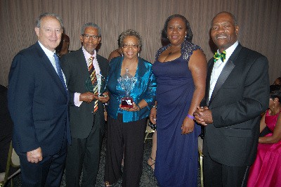 Recipients of the Lifetime Achievement award in the field of Public Service, Maryland State senator Shirley Natham Pulliam (3rd left) and Marcus Garvey UNIA awardee attorney Franklyn Burke (2nd left), are flanked by (l-r) Maryland Secretary of State John Wobensmith, Charge d’Affairs at the Embassy of Jamaica, Marsha Coore Lobban and President of the Jamaica Association of Maryland (JAM) Noel Godfrey, at JAMs ball to mark Jamaica’s 54 years of independence at Martins West in Baltimore on Saturday, August 6, 2016.  Photo by Derrick Scott