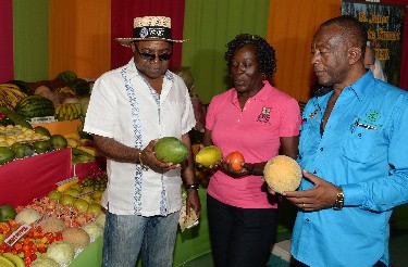 Minister of Tourism Hon. Edmund Bartlett (left); Sadie Dixon-Bennett, Agricultural Parish Manager, Rural Agricultural Development Authority (RADA), St. James; and Mayor of Montego Bay/2nd Vice President, Jamaica Agricultural Society (JAS), Councillor Glendon Harris, admire the high quality produce displayed in the St. James Pavilion during a tour of the Denbigh Agricultural, Industrial and Food Show.