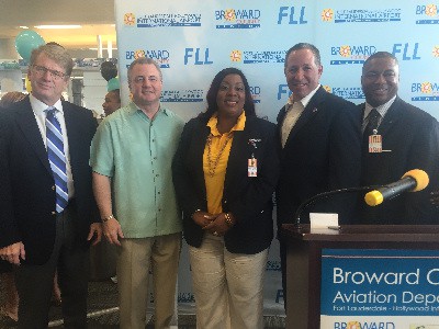 At airport ceremonies marking Southwest Inaugural flight to The Bahamas and their first International flight from the Fort Lauderdale-Hollywood International airport: L-R Fred Lounsberry, CEO, Nassau Paradise Island Promotion Board; Mark E. Gale, CEO/Director of Aviation, Broward County Aviation Department, Fort Lauderdale-Hollywood International Airport; Jennifer Gardiner-Bannister, Sr. Manager, Bahamas Ministry of Tourism, Florida; Steve Goldberg, Vice President Ground Operations, Southwest Airlines and Senator Christopher Smith, The Florida Senate. Not pictured are other officials of Broward county that were in attendance including Representative Gwyndolen Clarke-Reed(District 92), Florida House of Representatives. 