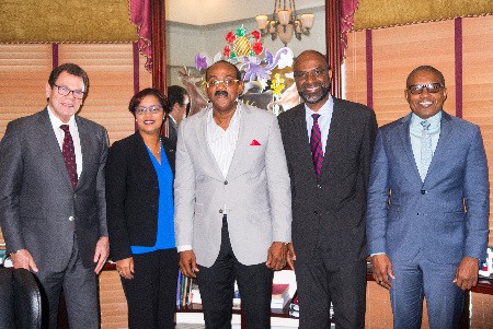 Prime Minister of Antigua and Barbuda, Gaston Browne (centre), stands with (from to right): Dr Warren Smith, President of the Caribbean Development Bank; Onika Miller, Executive, Government Relations and Public Policy, Jamaica National Building Society (JNBS); Earl Jarrett, General Manager, JNBS and Ian Durrant, Deputy Director in the Economics Department at the CDB. The Prime Minister, who has been mandated by CARICOM to lead high-level advocacy on de-risking, met with the CDB and JNBS to discuss initiatives.    