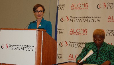 Minister of Foreign Affairs and Foreign Trade, Senator Kamina Johnson-Smith addresses members of the Congressional Black Caucus Foundation Annual Legislative Forum on de-risking and correspondence banking at the Walter E Washington convention center in Washington DC on Friday, September 16, 2016. Seated at right is moderator Ms. Teri Coaxum. <br/: Photo by Derrick Scott