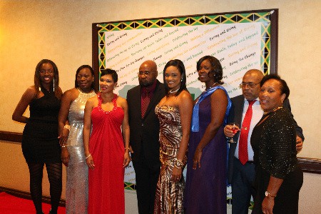 Jamaica’s Ambassador to the United States, Her Excellency Audrey Marks (3rd left) and Medical Practitioner at the Annnotto Bay Hospital Dr. Roy Fraizer pose for a photograph with nurses and other medical personnel from the hospital who attended the 30th anniversary fund raising banquet of the Jamaica Awareness Association of California (JAAC) 