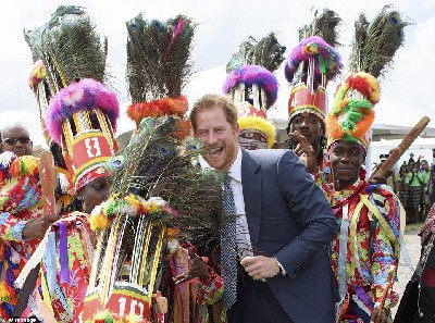 Prince Harry with Masquerades at Brimstone Hill, St Kitts 
