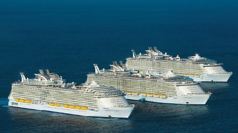 Royal Caribbean International's Oasis-class ships,Allure of the Seas and the new Harmony of the Seas, struck a chord today, greeting each other at sea for the first and possibly only time.
