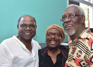 Minister of Tourism, Hon. Edmund Bartlett (left) shares a light moment with IRIE FM Lifetime Achievement awardee, Jimmy Cliff and former Prime Minister, the Most Hon. P.J. Patterson