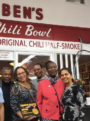 Elliot Bastien, Sandra Bernard-Bastien, Lystra Hinds, Jillian Moore, Vida Ali at Ben's Chili Bowl for Caribbean American Heritage Book Signing