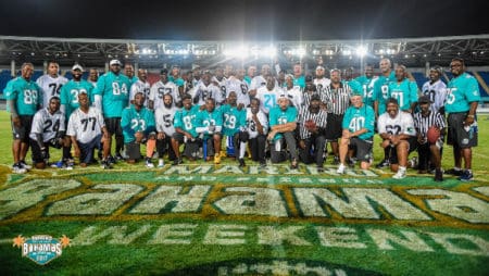 Dolphins Legends with Bahamian Legends at Dan Marino and Friends Bahamas Weekend 2017