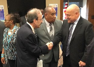 US Congressman Eliot Engel (D-NY) (left) greets Pyramidal Technologies chief executive officer Jeff Felske. At center is Wesley Kirton, chair of ICS’ Private Sector Council. ICS President Dr. Claire Nelson