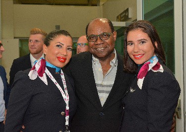 Edmund Bartlett and Eurowing Crew Minister of Tourism Hon Edmund Bartlett had a special welcome for the Captain and crew of Eurowings on its inaugural twice weekly flights out of cologne/Bonn, Germany, to Montego Bay on Monday, July 3, 2017, with 291 passengers. Here, Minister Bartlett is captured with two of Eurowings’ flight attendants, Padimae Gorgulu (left) and Rumeysa Karakas (right), who he presented with special gift bags to commemorate their visit.
