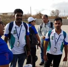 Health City Cayman Islands staff nurses Mahesha Kumara (right) and Bijin Mohan (left) on arrival in Anguilla with other members of the Hurricane Irma relief mission team from the Cayman Islands Health Services Authority and Hazard Management Cayman Islands.