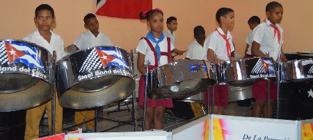 The children’s section of the steel band performing in Santiago de Cuba.