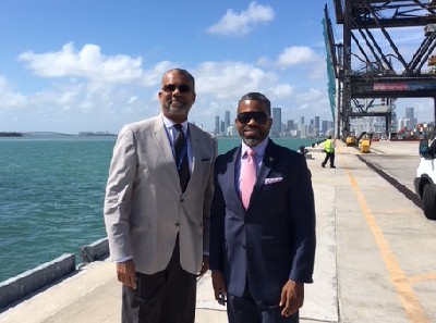 Jamaica's Consul General Franz Hall (right) sharing a moment with Gerard Philippeaux (left) Manager, Strategic Initiatives, PortMiami