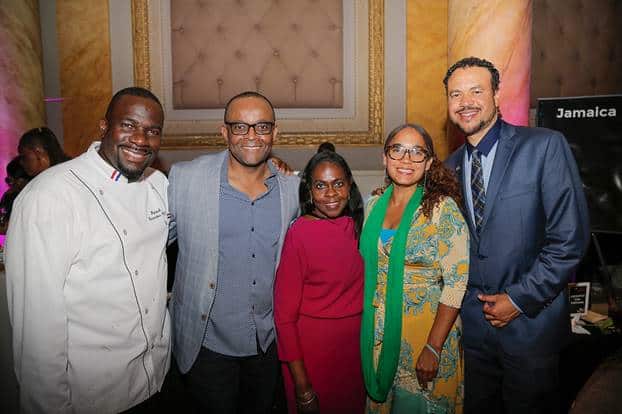 Jamaican Celebrity Chef Wenford Patrick Simpson; Jamaica’s Director of Tourism, Donovan White; JTB’s National Sales Manager, Karlene Shakes; and JTB’s Business Development Managers Victoria Rogers and Christopher Dobson pose for a photo at Rum & Rhythm.   