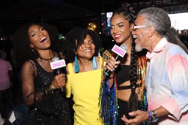 The musical Cowan family of Carlene Davis (2nd from left), Naomi Cowan (2nd from right) and Tommy Cowan (right) have host Sakina Deer (left) in stitches as they share their thoughts on music in Jamaica.  Naomi performed at this year’s Reggae Sumfest.