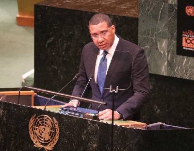 Prime Minister Andrew Holness delivers Jamaica’s statement at the Nelson Mandela Peace Summit, at UN headquarters