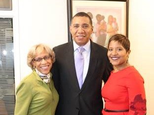 Jamaica’s Prime Minister the Most Honorable Andrew Holness greets Gail L. Moaney, APR, Founding Managing Partner/Director, Finn Partners (left) and Trudy Deans, Consul General of Jamaica to New York