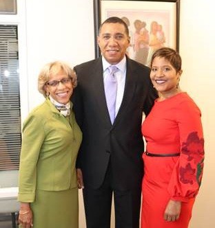 Jamaica’s Prime Minister the Most Honorable Andrew Holness greets Gail L. Moaney, APR, Founding Managing Partner/Director, Finn Partners (left) and Trudy Deans, Consul General of Jamaica to New York 