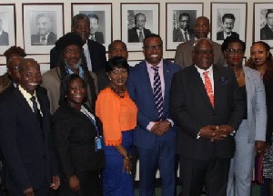 Prime Minister Harris and Premier Brantley with nationals of St. Kitts and Nevis in New York.