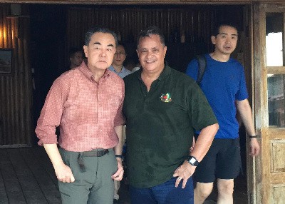 The State Councilor and Minister of Foreign Affairs of the People’s Republic of China, Wang Yi with Roraima CEO Capt. Gerry Gouveia at Arrowpoint Nature Resort in Guyana.