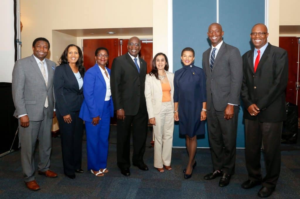 Advancement in Education Summit 2018 attendees (left to right): Broward County Vice Mayor Dale Holness, Commissioner Yvette Colbourne, Mayor of Lauderdale Lakes Hazelle Rogers, Jamaica’s Minister of Education Youth & Information Ruel Reid, Co-Leader for the 2018 Summit Lorraine Tracey, Ambassador Audrey Marks, Miramar Mayor Wayne Messam, Chairman of the Jamaica Diaspora Education Taskforce Leo Gilling.