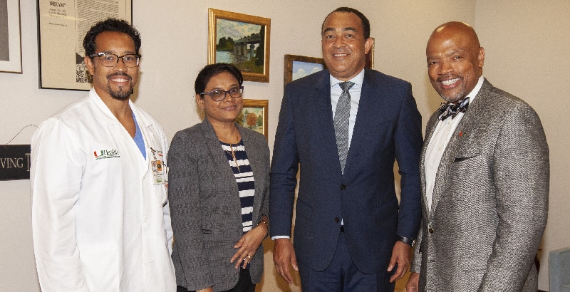 From left, Dr. Chad R. Ritch, Dr. Jacquiline Bisasor-Mckenzie, Dr. Christopher Tufton, and Dean Henri R. Ford. - Jamaican Minister of Health visits Univ. of Miami Health System 