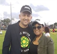 Jamaica’s Consul General Oliver Mair shares the lens with Camile Glenister, Deputy Director of Tourism, Marketing at the Jamaica Tourist Board (JTB) during the Reggae Girlz World Cup Send-Off Fundraiser at Ansin Park Sports Complex in Miramar.