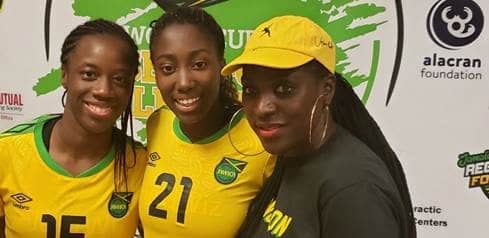 Miramar Vice Mayor Alexandria Davis with Reggae Girlz Tiffany Cameron, #15 and Olufolasade Adamolekun, #21 