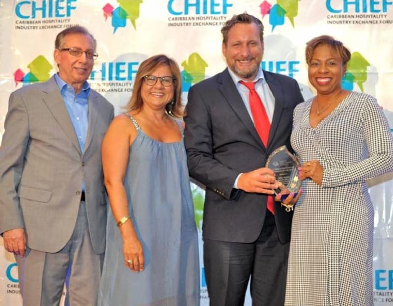 Wyb Meijer (second from right) is the 2019 Caribbean Association Executive of the Year. From left is Frank Comito, CHTA's Director General and CEO; Patricia Affonso-Dass, CHTA's President; and Stacy Cox, President of the Caribbean Society of Hotel Association Executives (CSHAE).