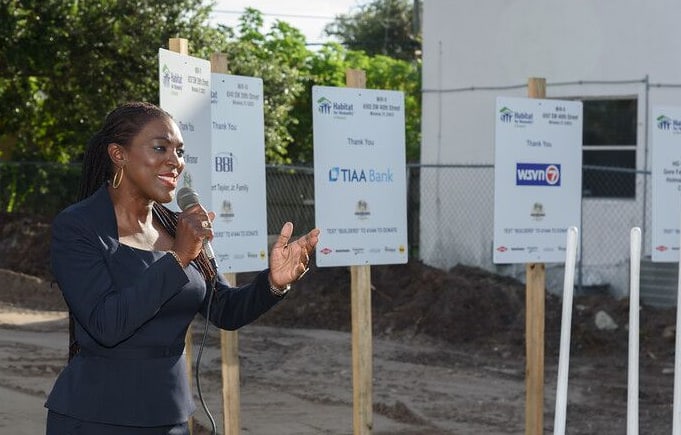 Miramar Vice Mayor Alexandra Davis addresses attendees at Habitat Broward’s groundbreaking in Miramar