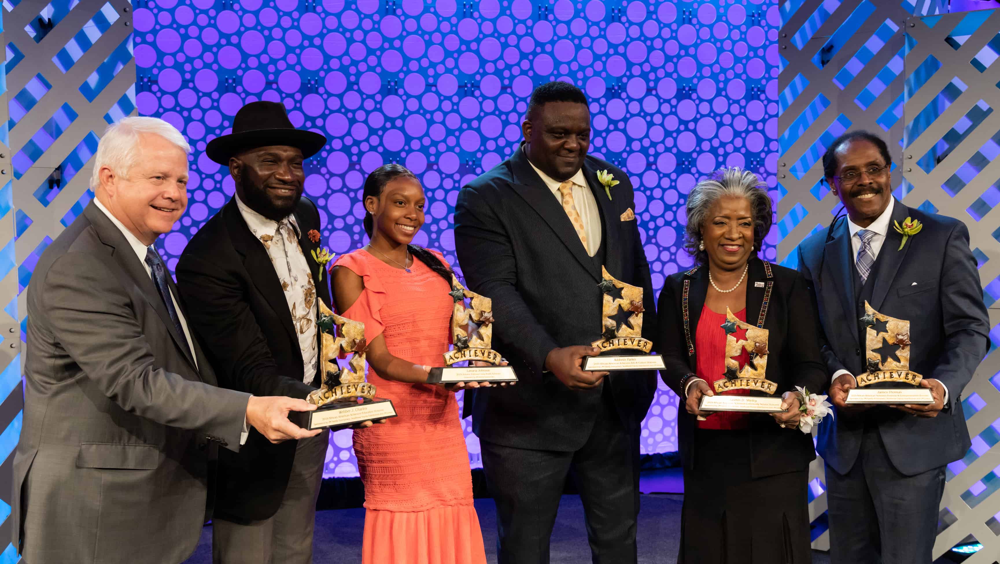 JM Family Enterprises chairman Colin Brown with 2019 African American Achievers Webber J. Charles, Lanaria Johnson (Youth Achiever), Addonis Parker, Jasmin D. Shirley, James Thomas
