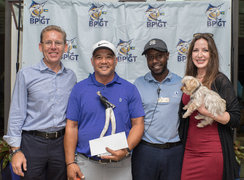 Bahamas Professional Golf Tour (BPGT) Signature Golf Classics, Pro Winner Lemon Gorospe with Tour Founder Riccardo Davis and Sponsors Brian and Michelle Moodie of RMS Insurance