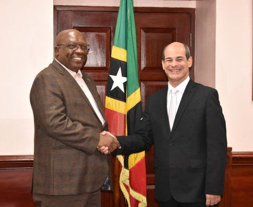 Prime Minister Dr. the Hon. Timothy Harris (left) with the Deputy Minister of Foreign Affairs for the Republic of Cuba, Mr. Rogelio Sierra Díaz