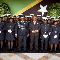 Prime Minister Dr. the Hon. Timothy Harris and Commissioner of Police, Mr. Hilroy Brandy pictured officers of the Royal St. Christopher and Nevis Police Force.