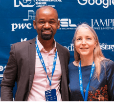 Founder and CEO, MD Link, Che Bowen and IDB Lab CEO, Irene Arias Hoffman at the 2019 staging of Tech Beach Retreat in Jamaica