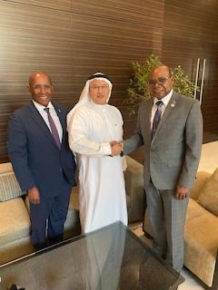 Minister of Tourism, Hon. Edmund Bartlett (right) and Captain Ibrahim Koshy, CEO of Saudia Airlines, shake hands to seal the deal. Looking on is Senator the Hon. Aubyn Hill, Minister Without Portfolio in the Ministry of Economic Growth and Job Creation. The occasion was a meeting to discuss plans for Saudia Airlines to expand flights to Jamaica by summer 2022. Ministers Bartlett and Hill were in Riyadh, Saudi Arabia, to explore investment opportunities and boost tourism travel to Jamaica.