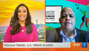 WFAA morning anchor Cleo Greene and USVI Commissioner of Tourism Joseph Boschulte