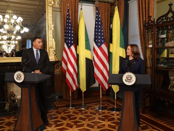 Prime Minister Andrew Holness and United States Vice President Kamala Harris at the White House.