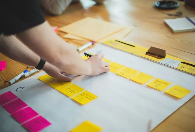 A person's hands writing on sticky notes and attaching them to a sheet of paper to organize a project. guage chart