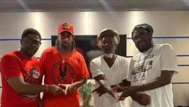 Inner Circle Band Makes Equipment Donation to Trench Town Recording Studio. Fitzroy Dave Prime Time Green, Abebe Lewis, Simeon and Ian Lewis